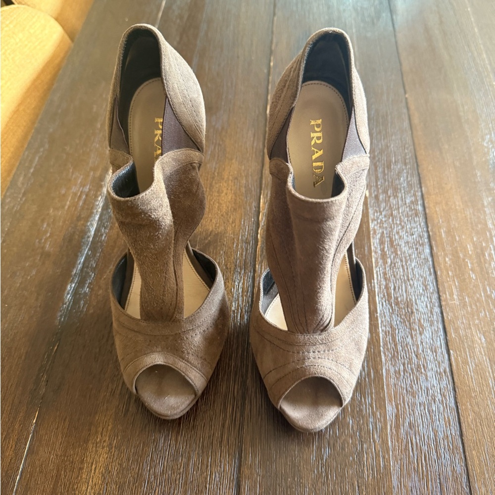 PRADA HIGH HEELS SUEDE BROWN OPEN TOE SIZE 39